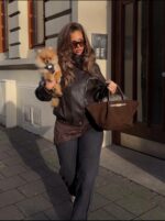 Женская Свободная Коричневая Кожаная Куртка Бомбер на Молнии