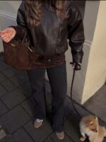 Женская Свободная Коричневая Кожаная Куртка Бомбер на Молнии