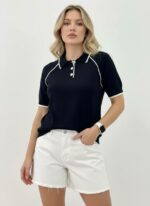 Женская Черная Футболка Поло - Классическая с Воротником и Контрастной Окантовкой