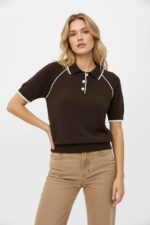 Женская Коричневая Футболка Поло - Классическая с Воротником и Контрастной Окантовкой