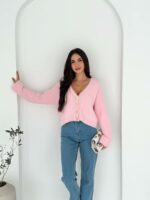 Женский Пушистый Розовый Кардиган Свободного Кроя с Глубоким V-образным Вырезом Декольте