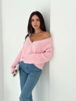 Женский Пушистый Розовый Кардиган Свободного Кроя с Глубоким V-образным Вырезом Декольте