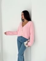 Женский Пушистый Розовый Кардиган Свободного Кроя с Глубоким V-образным Вырезом Декольте