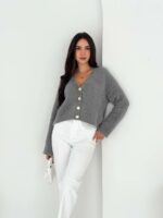 Женский Пушистый Серый Кардиган Свободного Кроя с Глубоким V-образным Вырезом Декольте