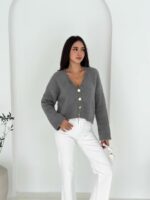 Женский Пушистый Серый Кардиган Свободного Кроя с Глубоким V-образным Вырезом Декольте