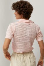 Женская Ажурная Розовая Футболка Поло в Ромбик с Воротником на Замочке
