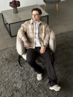 Мужская Байковая Бежевая Клетчатая Рубашка Свободного Кроя