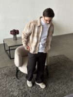 Мужская Байковая Бежевая Клетчатая Рубашка Свободного Кроя