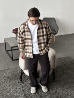 Мужская Байковая Бежево-Коричневая Клетчатая Рубашка Свободного Кроя