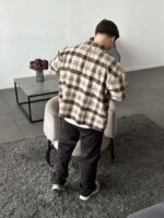 Мужская Байковая Бежево-Коричневая Клетчатая Рубашка Свободного Кроя