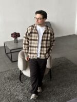 Мужская Байковая Бежево-Коричневая Клетчатая Рубашка Свободного Кроя