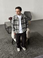 Мужская Байковая Белая Клетчатая Рубашка Свободного Кроя