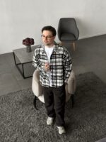 Мужская Байковая Белая Клетчатая Рубашка Свободного Кроя