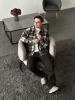 Мужская Байковая Шоколадная Клетчатая Рубашка Свободного Кроя