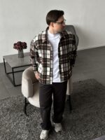 Мужская Байковая Шоколадная Клетчатая Рубашка Свободного Кроя