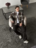 Мужская Байковая Шоколадная Клетчатая Рубашка Свободного Кроя