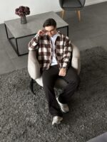 Мужская Байковая Коричневая Клетчатая Рубашка Свободного Кроя