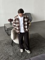 Мужская Байковая Коричневая Клетчатая Рубашка Свободного Кроя