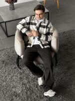 Мужская Байковая Молочная Клетчатая Рубашка Свободного Кроя