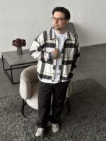 Мужская Байковая Молочная Клетчатая Рубашка Свободного Кроя