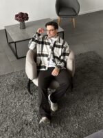 Мужская Байковая Молочная Клетчатая Рубашка Свободного Кроя