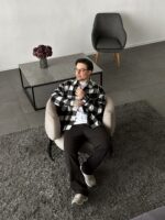 Мужская Байковая Черно-Белая Клетчатая Рубашка Свободного Кроя