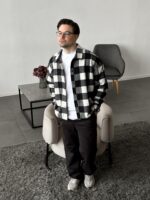 Мужская Байковая Черно-Белая Клетчатая Рубашка Свободного Кроя