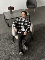 Мужская Байковая Черно-Белая Клетчатая Рубашка Свободного Кроя