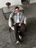 Мужская Байковая Серая Клетчатая Рубашка Свободного Кроя