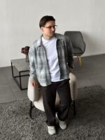 Мужская Байковая Серая Клетчатая Рубашка Свободного Кроя