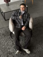 Мужская Байковая Графитовая Клетчатая Рубашка Свободного Кроя