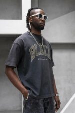 Мужская Хлопковая Графитовая Вареная Футболка Оверсайз с Надписью