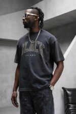 Мужская Хлопковая Графитовая Вареная Футболка Оверсайз с Надписью