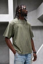 Мужская Хлопковая Вареная Футболка Хаки Оверсайз - Объемная с Потертостями