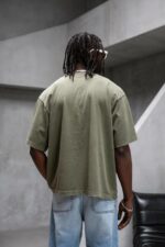 Мужская Хлопковая Вареная Футболка Хаки Оверсайз - Объемная с Потертостями