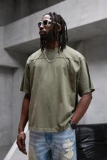 Мужская Хлопковая Вареная Футболка Хаки Оверсайз - Объемная с Потертостями