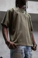 Мужская Хлопковая Вареная Футболка Хаки Оверсайз - Объемная с Потертостями
