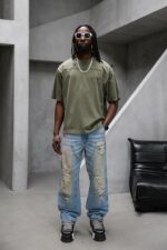 Мужская Хлопковая Вареная Футболка Хаки Оверсайз - Объемная с Потертостями