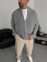 Мужской Классический Вязаный Серый Кардиган Свободного Кроя со Змейкой