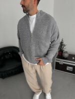 Мужской Классический Вязаный Серый Кардиган Свободного Кроя со Змейкой