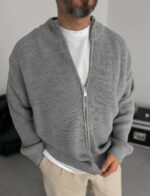 Мужской Классический Вязаный Серый Кардиган Свободного Кроя со Змейкой
