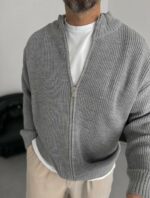 Мужской Классический Вязаный Серый Кардиган Свободного Кроя со Змейкой
