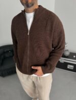 Мужской Классический Вязаный Коричневый Кардиган Свободного Кроя со Змейкой