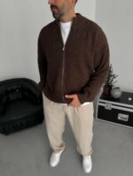 Мужской Классический Вязаный Коричневый Кардиган Свободного Кроя со Змейкой