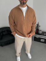 Мужской Классический Вязаный Кардиган Мокко Свободного Кроя со Змейкой