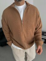 Мужской Классический Вязаный Кардиган Мокко Свободного Кроя со Змейкой