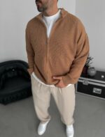 Мужской Классический Вязаный Кардиган Мокко Свободного Кроя со Змейкой