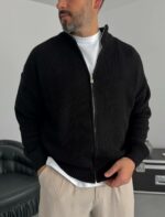 Мужской Классический Вязаный Черный Кардиган Свободного Кроя со Змейкой