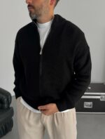 Мужской Классический Вязаный Черный Кардиган Свободного Кроя со Змейкой