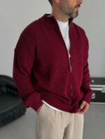 Мужской Классический Вязаный Бордовый Кардиган Свободного Кроя со Змейкой